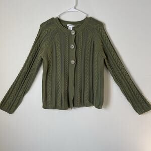 Cardigan Sweater Green Cable knit Women large Grandma Core coquet cottagecore